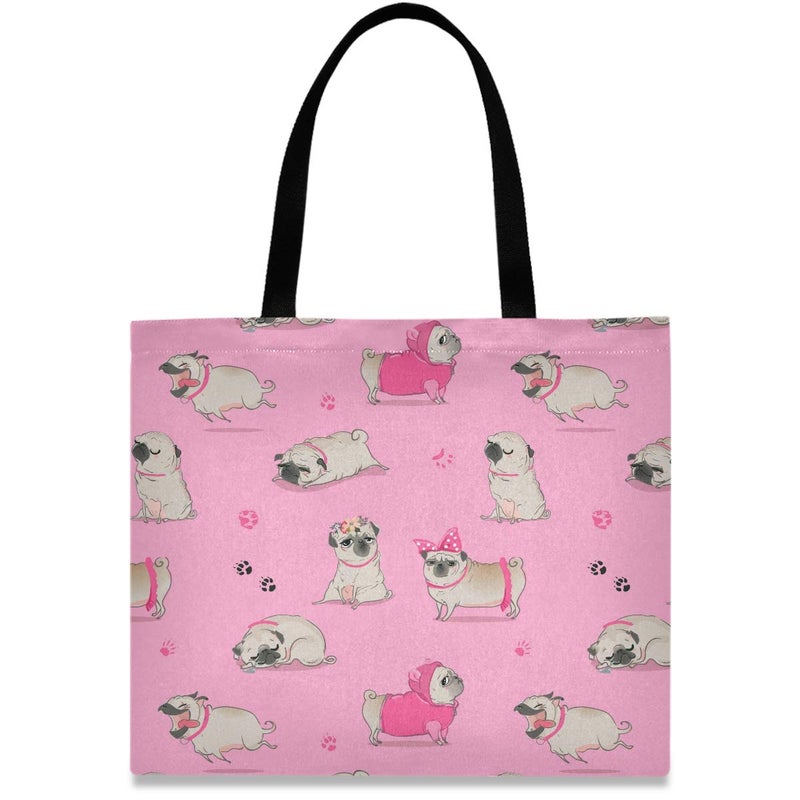 visesunny Women's Extra Large Canvas Tote Shoulder Bag Cute Cartoon Pug Top Storage Handle Shopping Bag Casual Reusable Tote Bag for Beach,Travel,Groceries,Books - Image 1